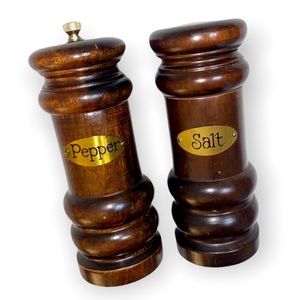 Vintage Boho Dark Wood Pepper Mill Grinder and Salt Shaker Metal Labels